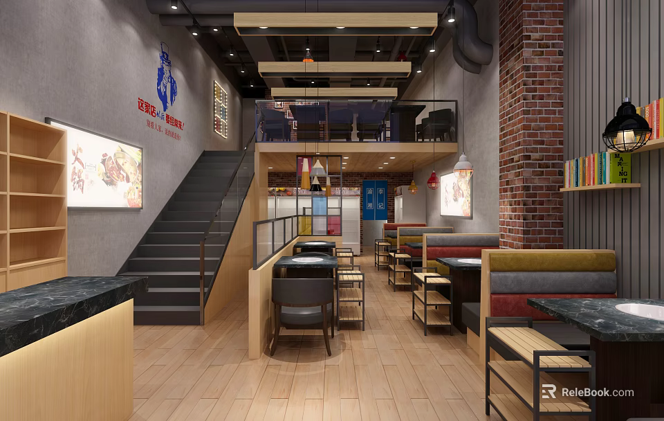 Bao House Modern Restaurant Interior With Brick Wall Wooden Floor Staircase Bar Counter And Tables 3d model 