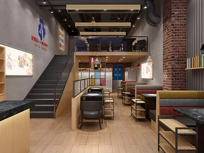 Bao House Modern Restaurant Interior With Brick Wall Wooden Floor Staircase Bar Counter And Tables 3d model