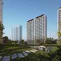 Modern High Rise Residential Building With Landscaped Gardens Trees And Pedestrian Paths