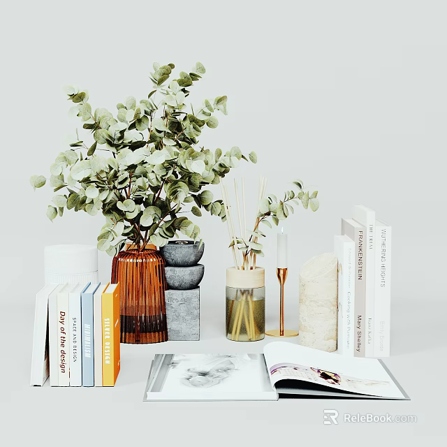Elegant Decorative Ornament Set With Eucalyptus Leaves Stacked Books Glass Vase And Candles 3d model 