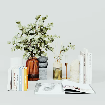 Elegant Decorative Ornament Set With Eucalyptus Leaves Stacked Books Glass Vase And Candles 3d model