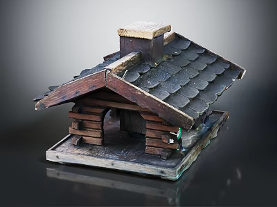 Handcrafted Miniature Wooden Cabin Model With Tile Roof Chimney And Square Base 3d model
