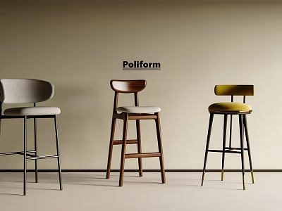 Poliform Modern Bar Stools With Metal Wooden Frames And Gray Brown Yellow Fabric Seats 3d model