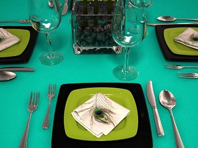 Dining Table Setting With Green Tablecloth Black Green Plates Feather Folded Napkins Glassware And Cutlery 3d model