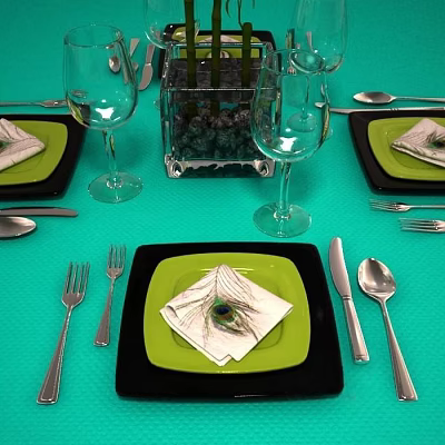 Dining Table Setting With Green Tablecloth Black Green Plates Feather Folded Napkins Glassware And Cutlery 3d model