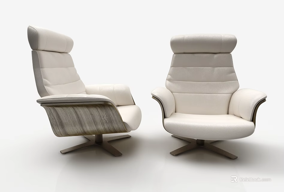 Modern White Leather Recliner Chairs With High Backrest And Wooden Swivel Base 3d model 