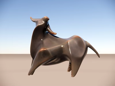 Abstract Bull Sculpture Metallic Brown Finish Against Blue Sky And Sandy Ground 3d model