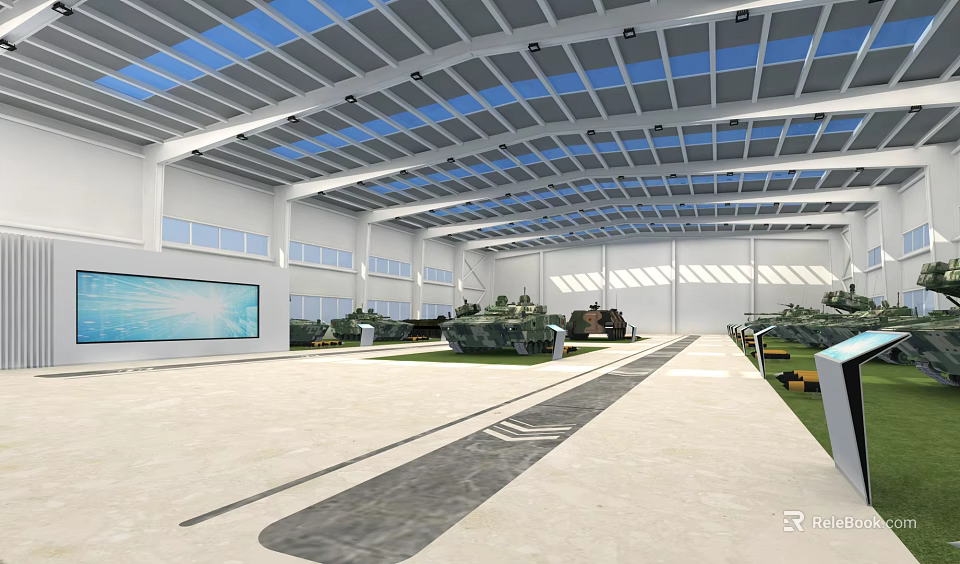 Spacious Exhibition Hall Interior With Glass Roof Display Models And Large Screen 3d model 