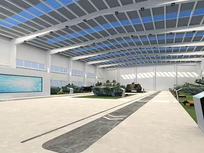 Spacious Exhibition Hall Interior With Glass Roof Display Models And Large Screen 3d model