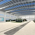 Spacious Exhibition Hall Interior With Glass Roof Display Models And Large Screen