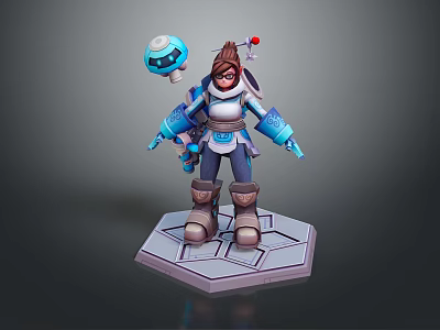 3D Game Character Model With Blue Armor Goggles Holding Device Brown Hair And Hexagonal Base 3d model