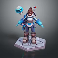 3D Game Character Model With Blue Armor Goggles Holding Device Brown Hair And Hexagonal Base
