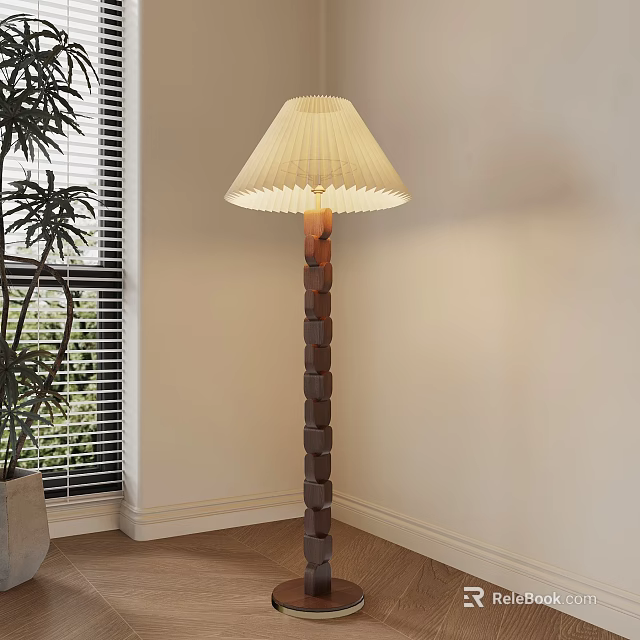 Modern Floor Lamp With Striped Base And Pleated Shade Near Green Plant And Window Blinds 3d model 