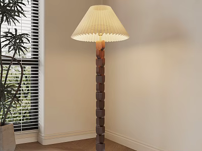 Modern Floor Lamp With Striped Base And Pleated Shade Near Green Plant And Window Blinds 3d model