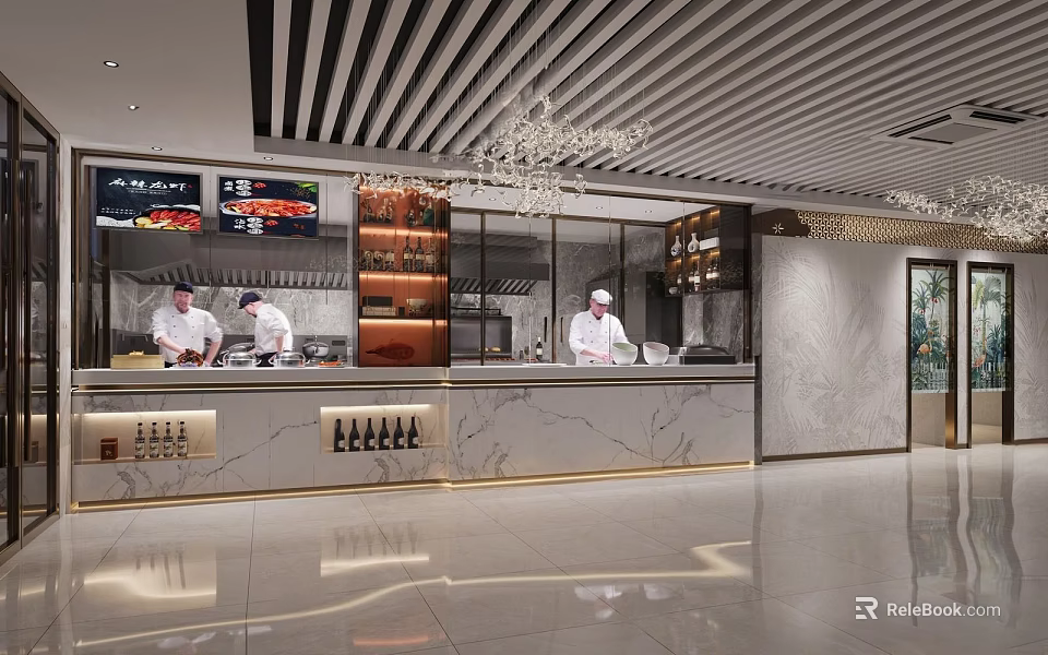 Modern Restaurant Open Kitchen Interior With Chefs Cooking Marble Counter And Chandelier 3d model 