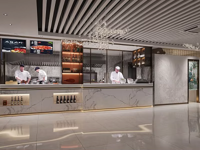 Modern Restaurant Open Kitchen Interior With Chefs Cooking Marble Counter And Chandelier 3d model