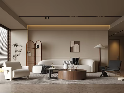 Modern Living Room Interior Design With Large Sofa Round Coffee Table Armchair And Floor Lamp 3d model