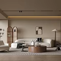 Modern Living Room Interior Design With Large Sofa Round Coffee Table Armchair And Floor Lamp