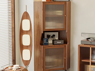 Wooden Decorative Cabinet with Glass Doors and Photo Frame Decorative Items in Living Room Interior 3d model