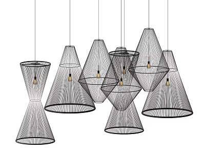 Multiple Modern Geometric Pendant Lights With Wireframe Structure And Hanging Design 3d model