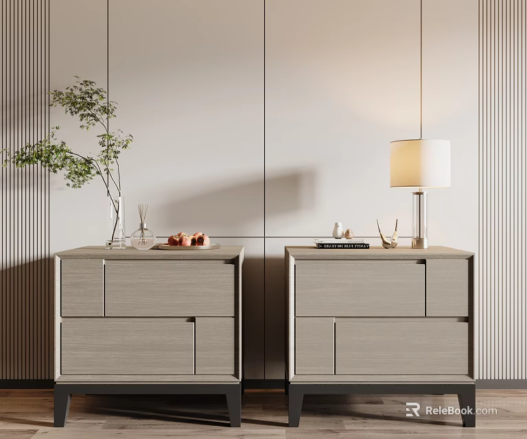 Modern Light Gray Wooden Bedside Tables With Table Lamp Potted Plant And Striped Wall 3d model 