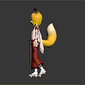 Anime Style Game And Movie Character With Fox Ears Tail And Red White Kimono