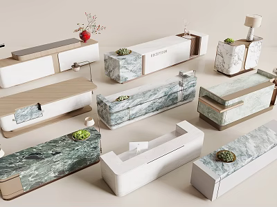 Various Modern Reception Desks With Sleek Marble Countertops And Decorative Elements 3d model