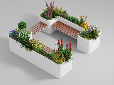 Modern Garden Design With White Planters Wooden Paths And Colorful Flowers 3d model
