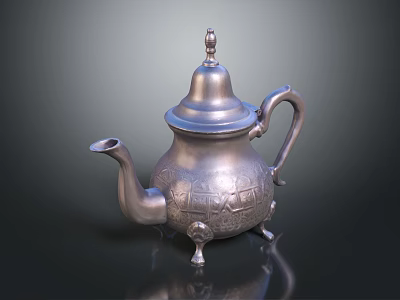Silver Ornate Engraved Teapot With Decorative Lid Handle And Feet For Household Use 3d model