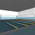 Indoor Swimming Pool With Yellow Lanes Starting Blocks And Large Windows