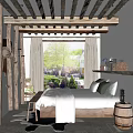 Rustic Hotel Room With Peeled Wooden Beams Cozy Bed Large Window And Garden View