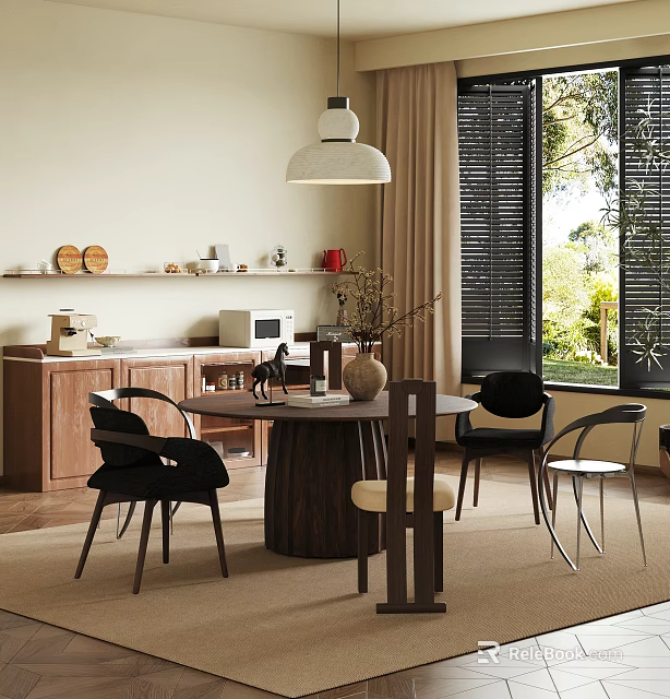 Warm Restaurant Dining Space With Round Wooden Table Chairs Cabinets Shelf And Pendant Light 3d model 