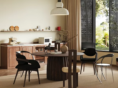 Warm Restaurant Dining Space With Round Wooden Table Chairs Cabinets Shelf And Pendant Light 3d model