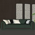 Green Two-seater Leather Sofa with White and Dark Pillows in Modern Interior with Decorative Screen