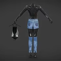 Mannequin Wearing Silver Sequin Halter Top And Blue Distressed Jeans With Transparent Handbag