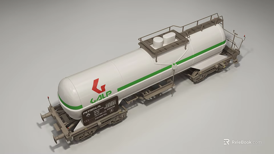 Industrial Railway Tank Car with White Body Green Stripe and LAP Logo Metal Frame 3d model 