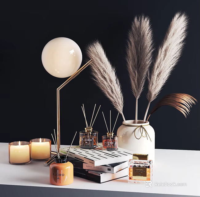Elegant Decorative Ornament Set with Pampas Grass Vase Candles and Fragrance Bottles 3d model 