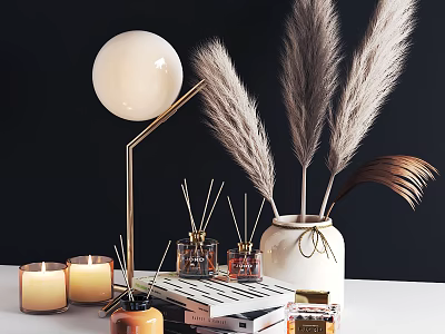 Elegant Decorative Ornament Set with Pampas Grass Vase Candles and Fragrance Bottles 3d model
