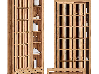 Bamboo Storage Cabinet With Sliding Doors And Shelves For Home Organization 3d model