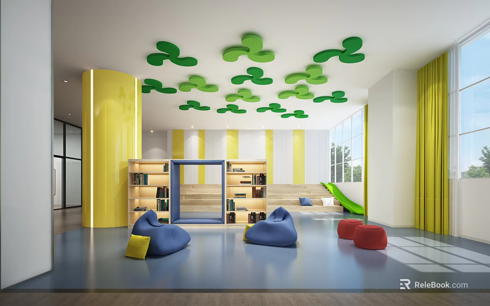 Kids Indoor Fitness Play Area With Slide Bean Bags And Green Leaf Ceiling Decor 3d model 