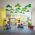 Kids Indoor Fitness Play Area With Slide Bean Bags And Green Leaf Ceiling Decor