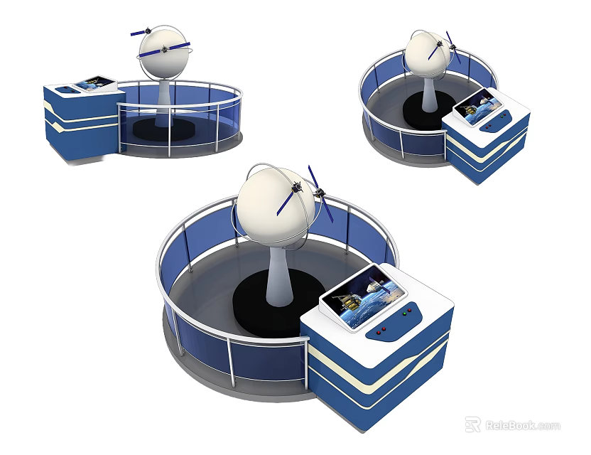 Modern Art Installation With Circular Blue Structure White Sphere Antennas And Control Panels 3d model