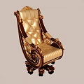 Luxurious Single Sofa With Golden Leather Upholstery And Carved Wooden Armrests