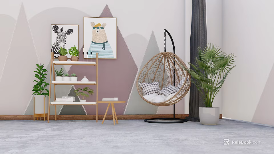 Cozy Rattan Hanging Chair in Modern Living Space with Potted Plants and Wall Art 3d model 