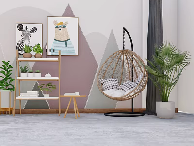 Cozy Rattan Hanging Chair in Modern Living Space with Potted Plants and Wall Art 3d model