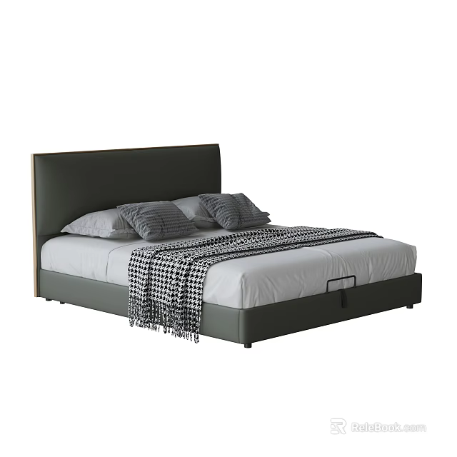 Modern Green Upholstered Double Bed With Gray Pillows And Checkered Blanket 3d model