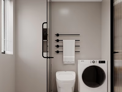 Modern Bathroom Interior With Glass Shower Toilet Washing Machine Black Towel Rack And Window Blinds 3d model