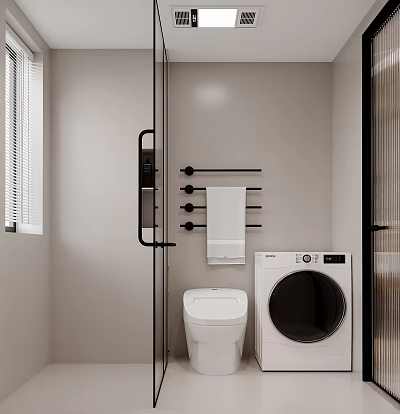 Modern Bathroom Interior With Glass Shower Toilet Washing Machine Black Towel Rack And Window Blinds 3d model