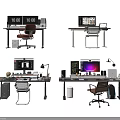 Modern Office Desks With Computer Monitors Laptops Lamps Globe Stationery And Backpacks