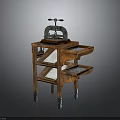 Vintage Wooden Apparatus With Multi Layer Shelves And Metal Top Device